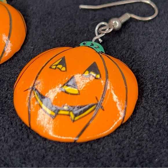Vintage 90’s Halloween Earrings Jackolantern Wooden Painted Orange Goth Fun - Picture 7 of 10